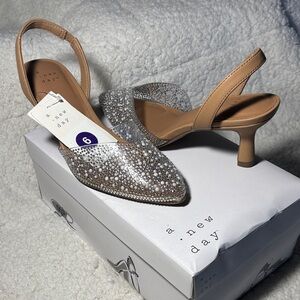A New Day Shimmering Silver and Tan Heels